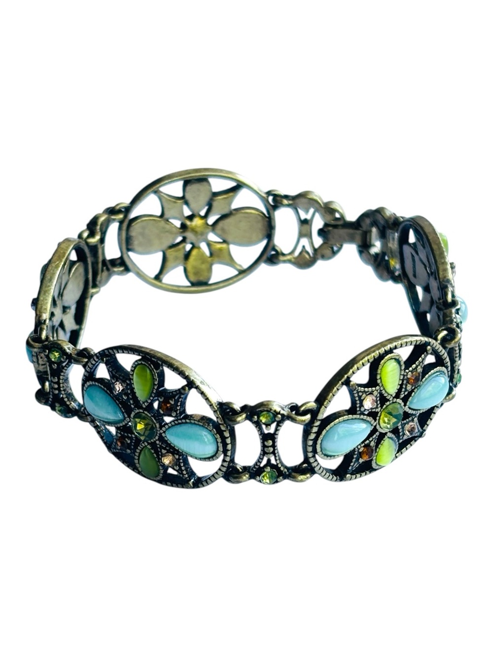 Monet Vintage Signed 60s Brass Tone Filigree Bracelet Cat’s Eye Lucite Cabachons